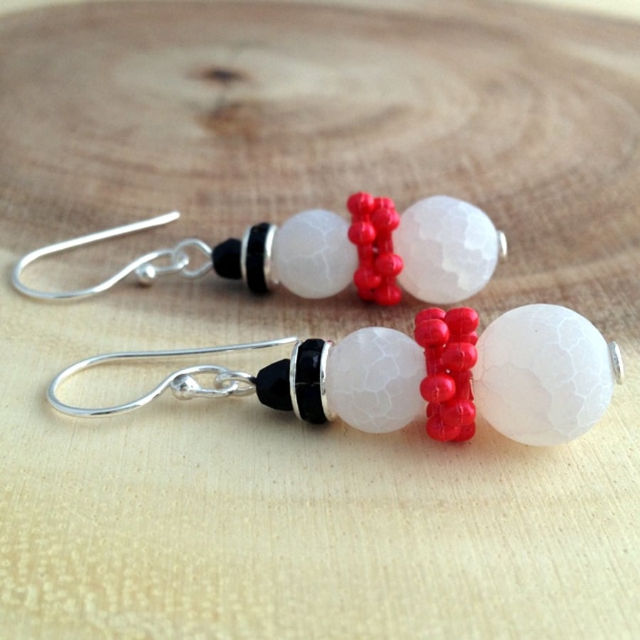 Frosted Agate Snowman Earrings With Red Scarf