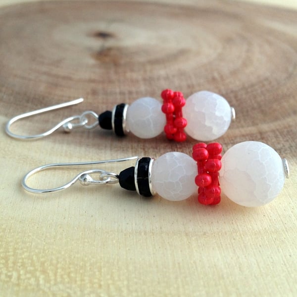 Frosted Agate Snowman Earrings With Red Scarf