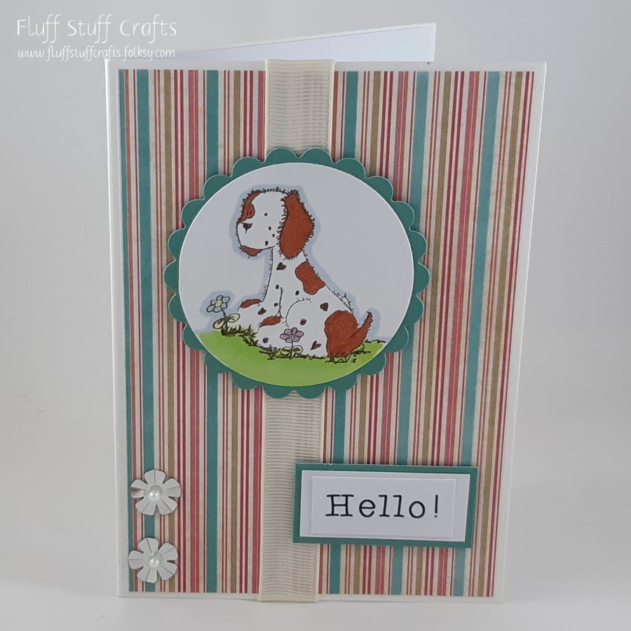 Handmade any occasion card - cute dog with flowers 
