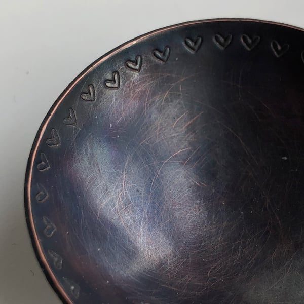 Oxidised copper bowl with heart stamped pattern, 7th wedding anniversary gift