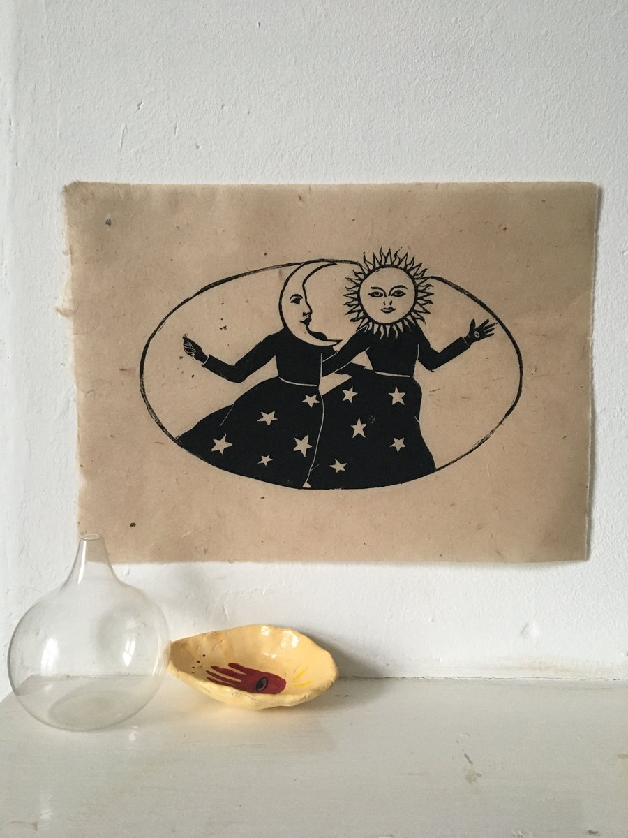 The Sisters, sun and moon linocut print on handmade paper