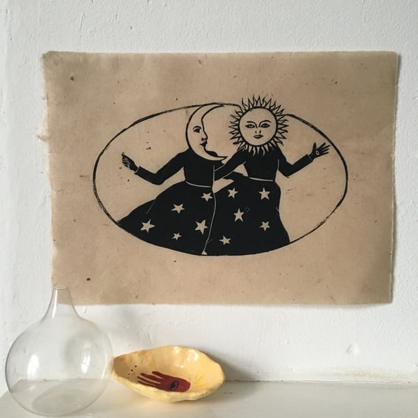 The Sisters, sun and moon linocut print on handmade paper