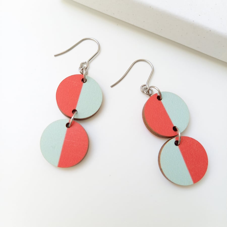 Modern Miami Wooden Earrings Red Pale Blue Unique Sustainable Jewellery
