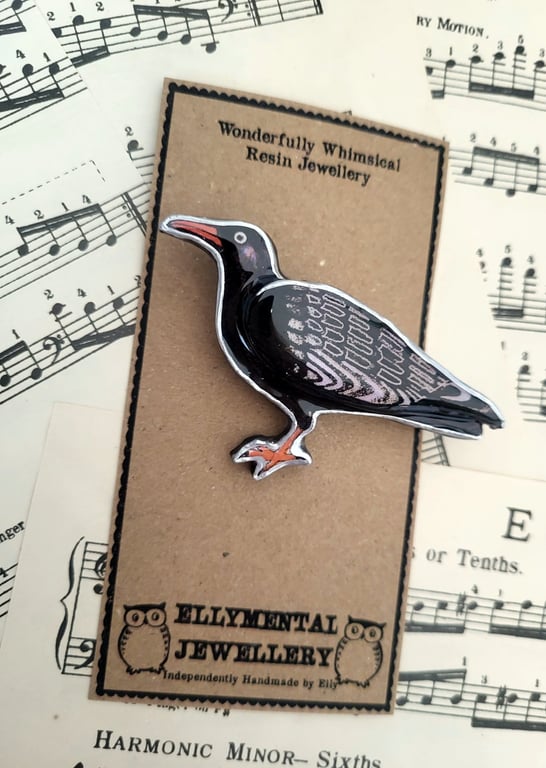 Black Cornish Chough British Corvid Crow Bird Brooch by EllyMental