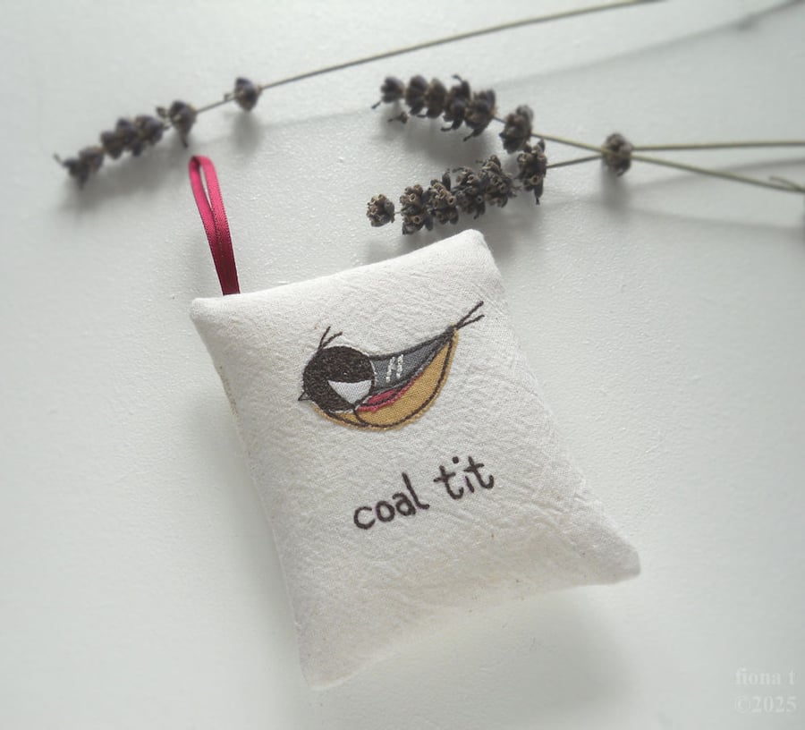freehand embroidered lavender bag sachet hanging decoration COAL TIT
