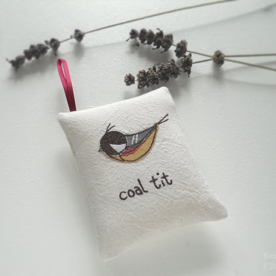 freehand embroidered lavender bag sachet hanging decoration COAL TIT