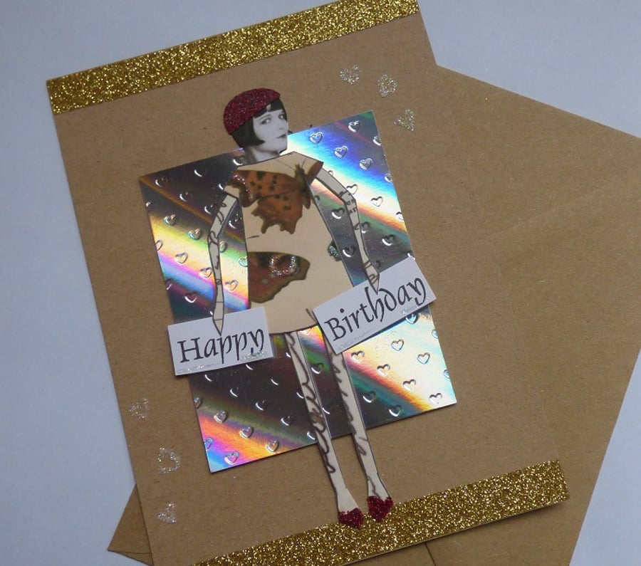 Butterfly and beret paper doll style birthday card