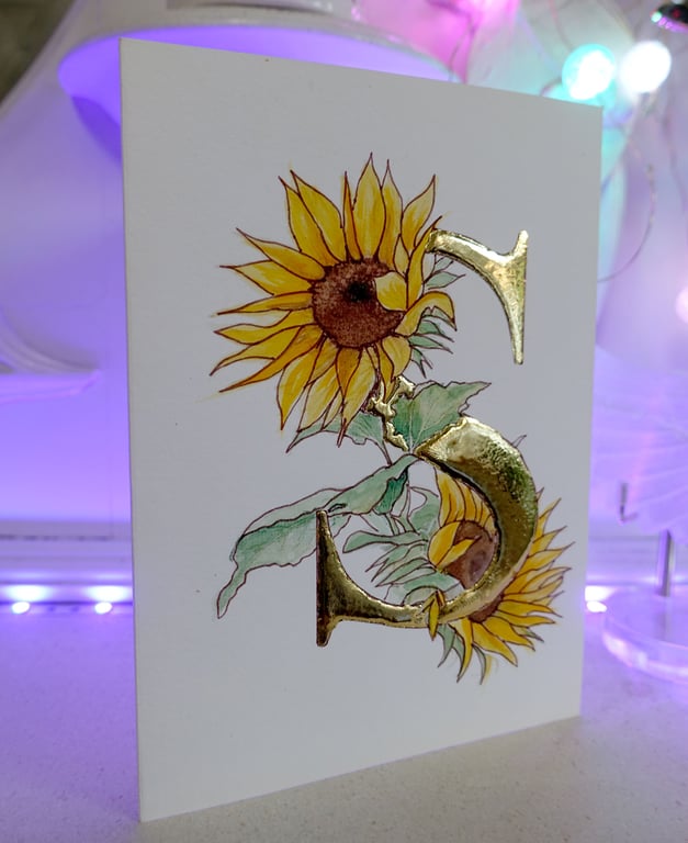 Sunflower Pure Gold Leaf and Watercolour Blank Card.   Any Occasion