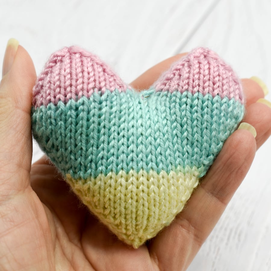 SOLD - Hand knitted heart - pocket hug - Multicolour pastels