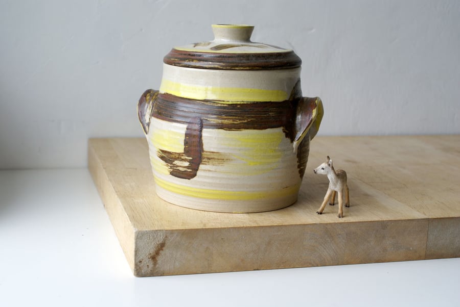 Lidded barrel shaped kitchen canister - slipware decorated pottery jar