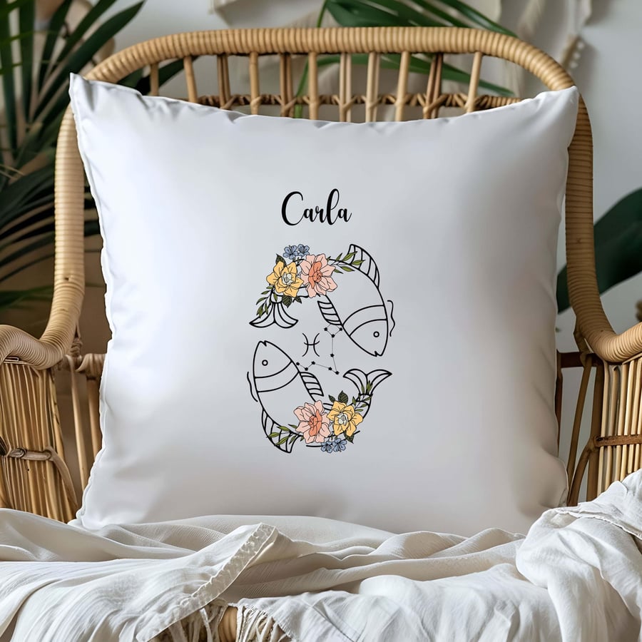 Pisces Personalised Cushion Cover Floral Starsign Design Unique Zodiac Birthday 