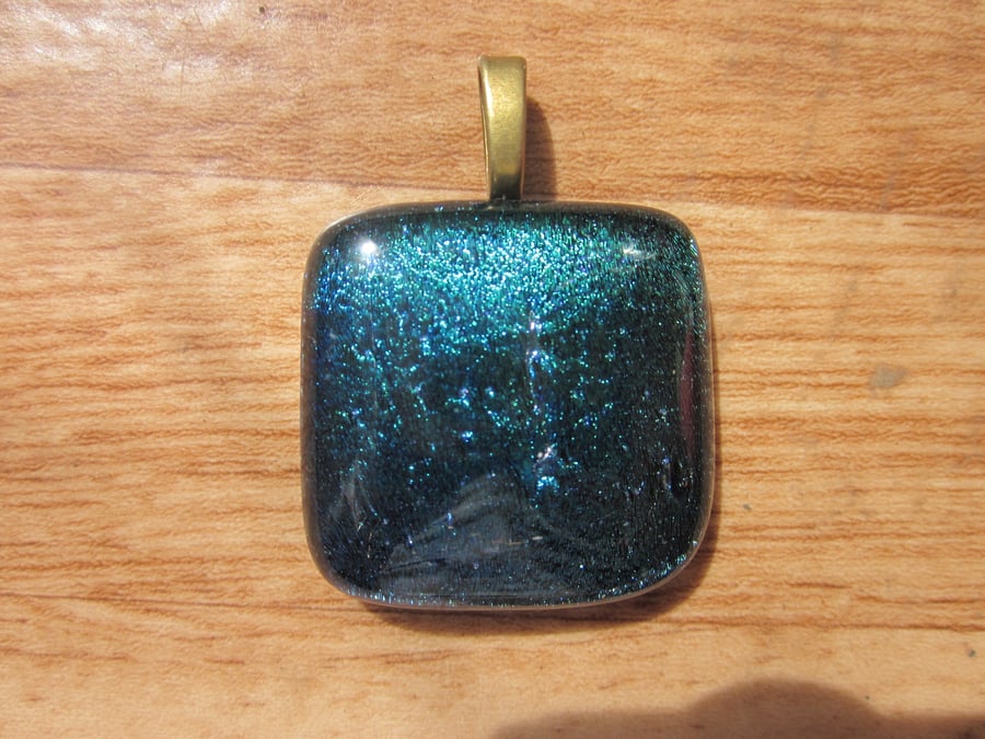 Handmade dichroic glass cabochon pendant - Emerald Teal Shimmer