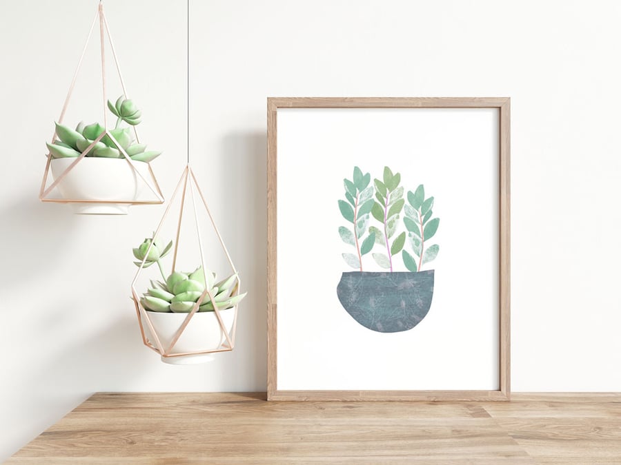Gentle Leaves Potted Plant - Minimalist Calm Leafy Wall Art Print