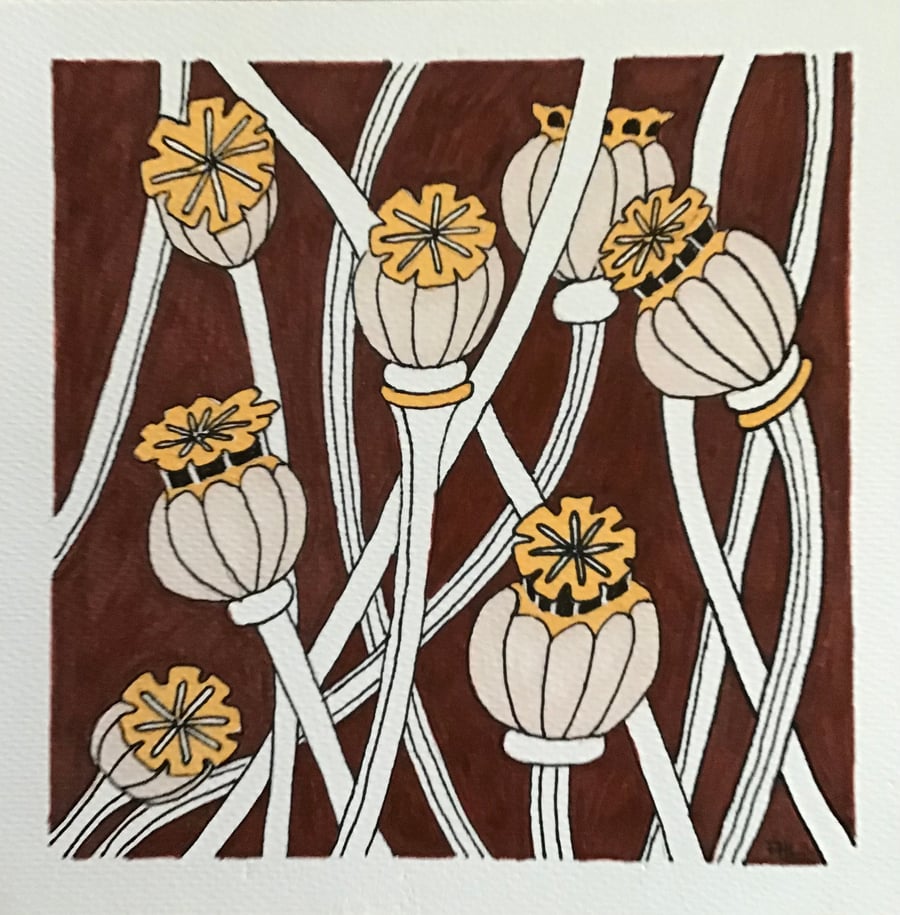 Poppy seed heads (Autumn) original drawing