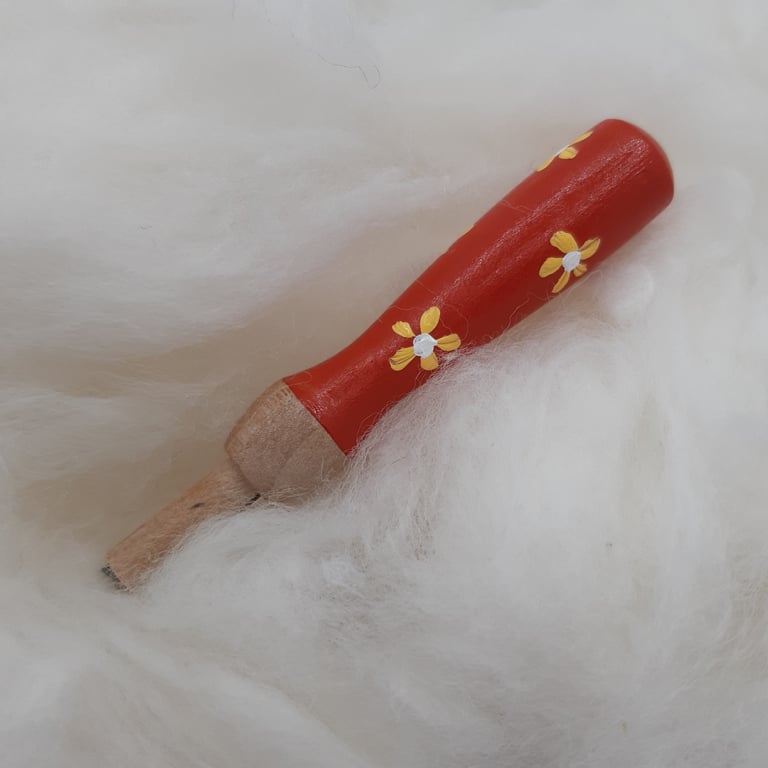Hand painted wooden needle grip tool for felting - orange with yellow flowers