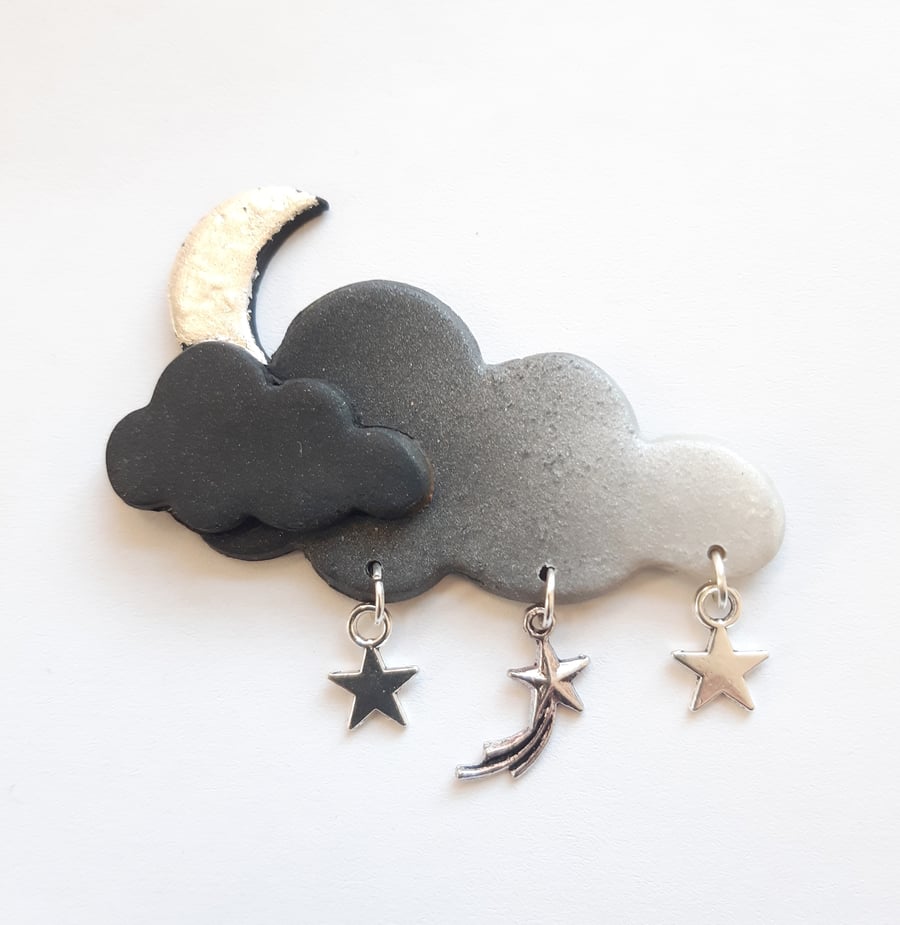 Moon and stars brooch, Cloud brooch, Night sky pin, Clay badge