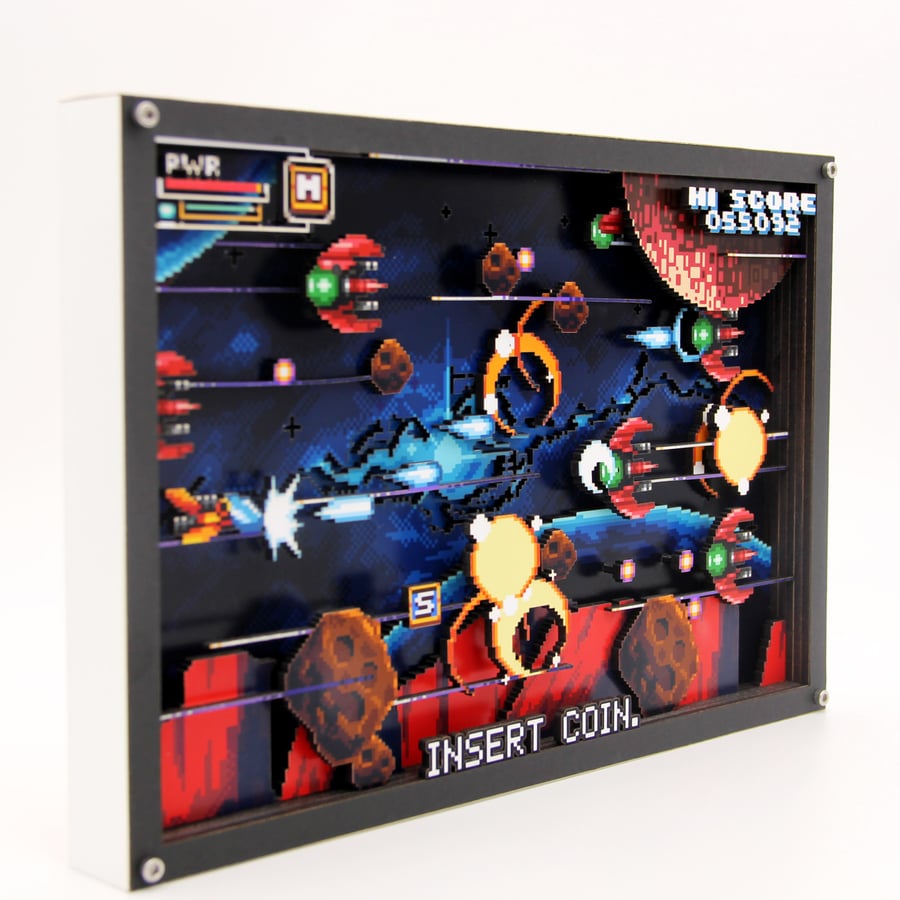 Retro Shoot em3D Pixel Art Customisable Shadow Box. 80s Retro Shoot em up Gaming