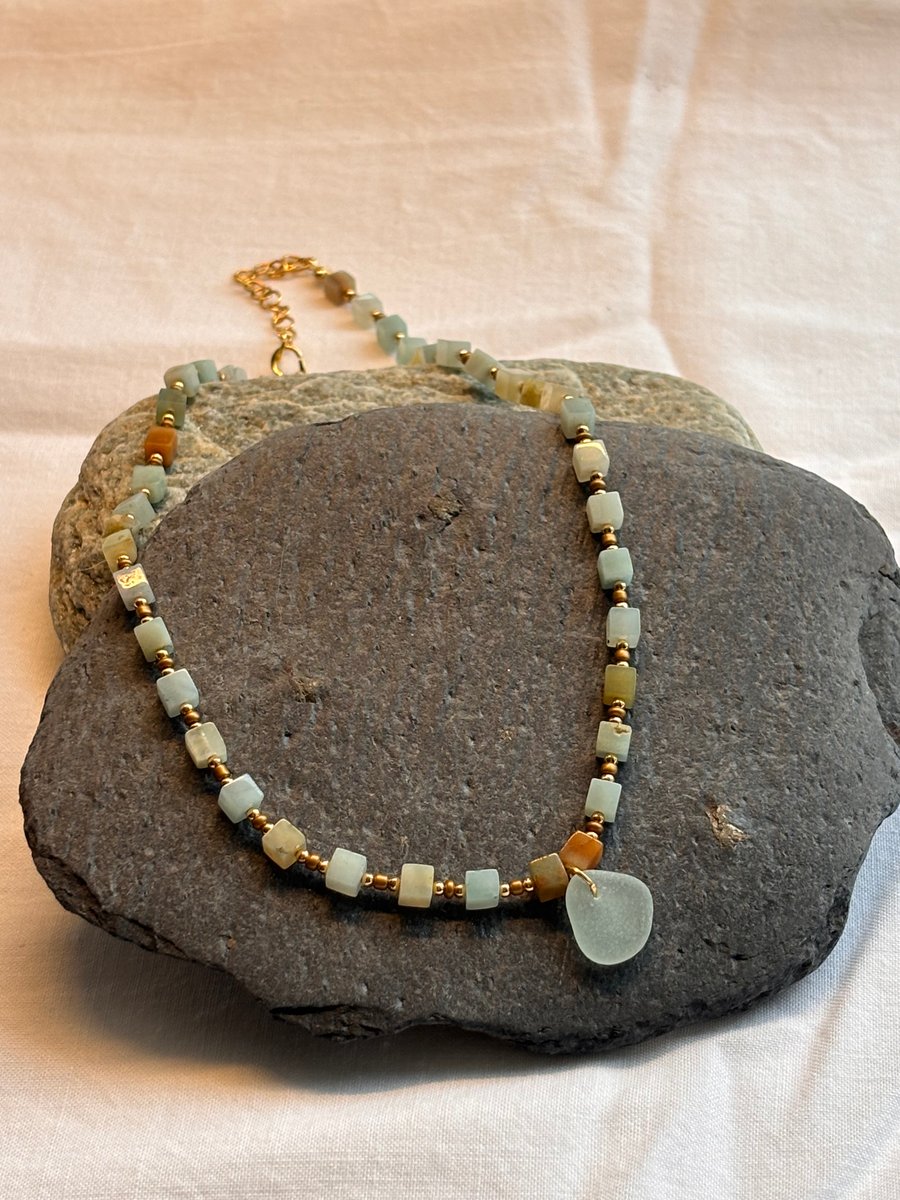 Necklace - Seaglass, Amazonite and seed beads