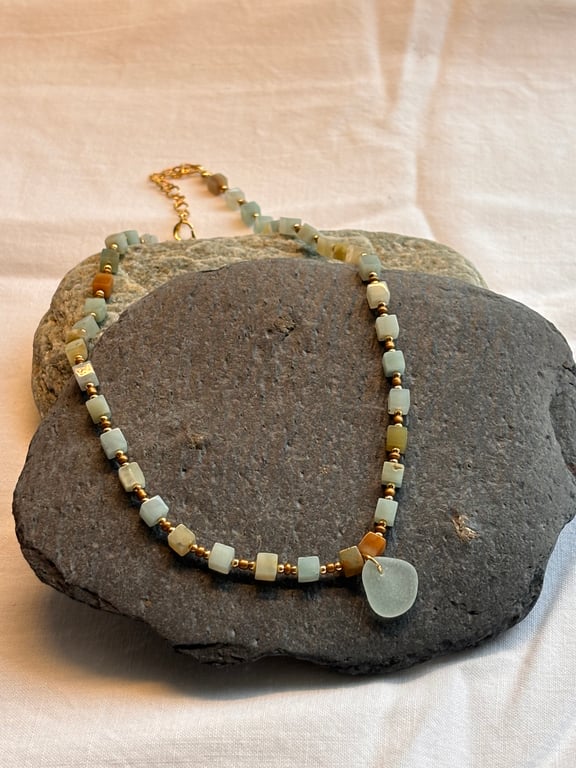 Necklace - Seaglass, Amazonite and seed beads