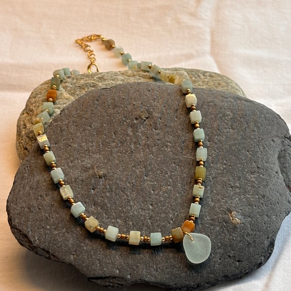 Necklace - Seaglass, Amazonite and seed beads