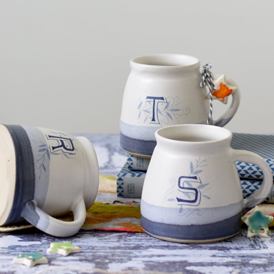 Handmade blue and white ceramic personalised monogram mug