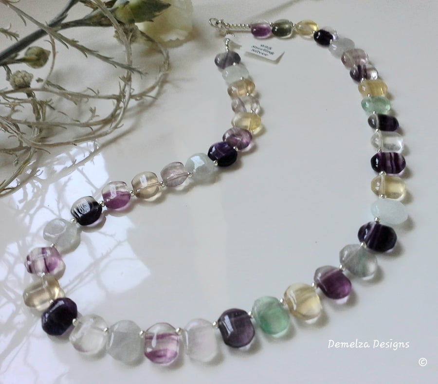AAA Grade Natural Rainbow Fluorite Sterling Silver Necklace