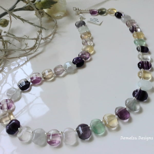 AAA Grade Natural Rainbow Fluorite Sterling Silver Necklace