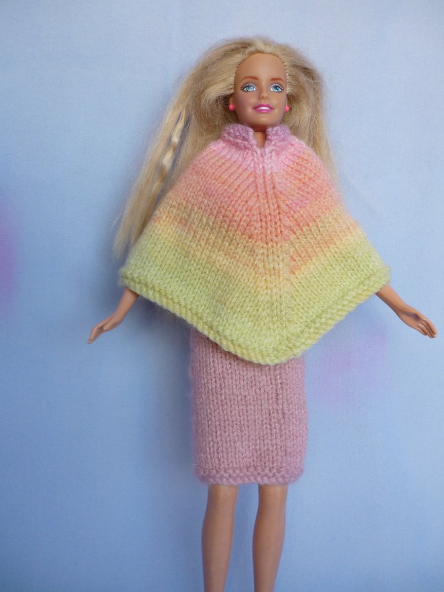Hand Knitted Barbie Doll Clothes Poncho & Skirt for 11"-12" Teenage Fashion Doll