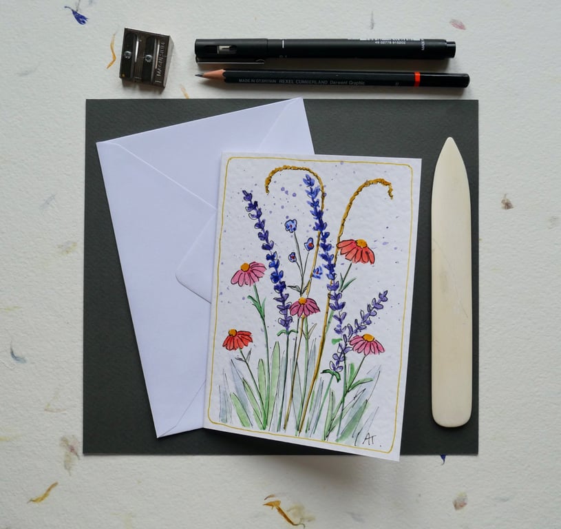 Unique Hand Drawn & Painted Floral Greetings Card with Envelope - Blank inside