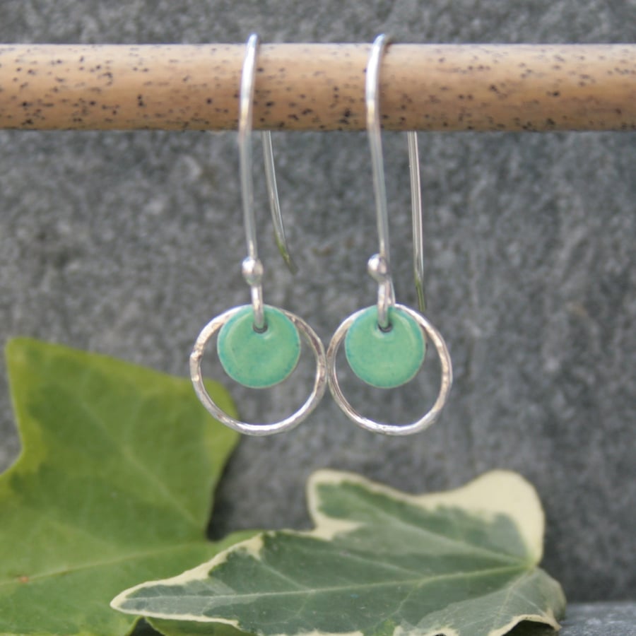 Green enamel dangle earrings, silver earrings
