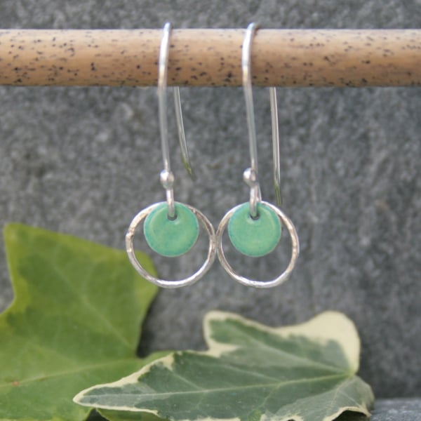Green enamel dangle earrings, silver earrings