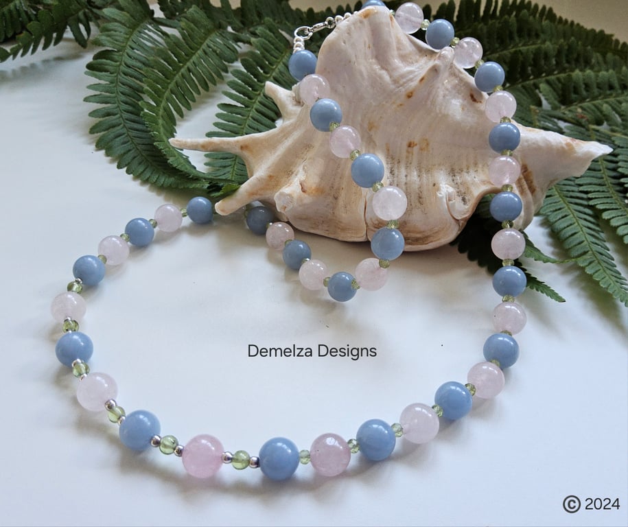 Aquamarine,  Rose Quartz & Peridot. Necklace Sterling Silver Perfectly Imperfect