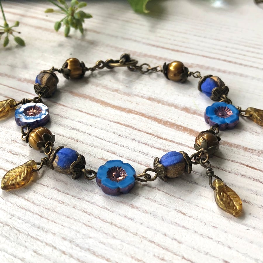 Blue Czech Glass Flower,  Gold Leaf & Gold Freshwater Pearl Beaded Bracelet