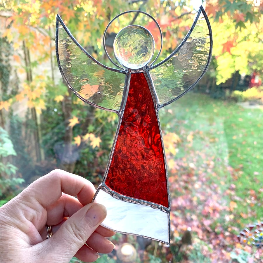 Stained Glass Large Angel Suncatcher - Handmade Decoration - Red and White