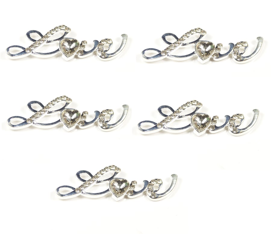5pcs Silver Love Embellishment with Diamante Rhinestones and Large Heart Rhinest