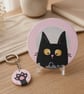 Handmade Cat & Mouse Wooden Coaster & Matching Keyring Set