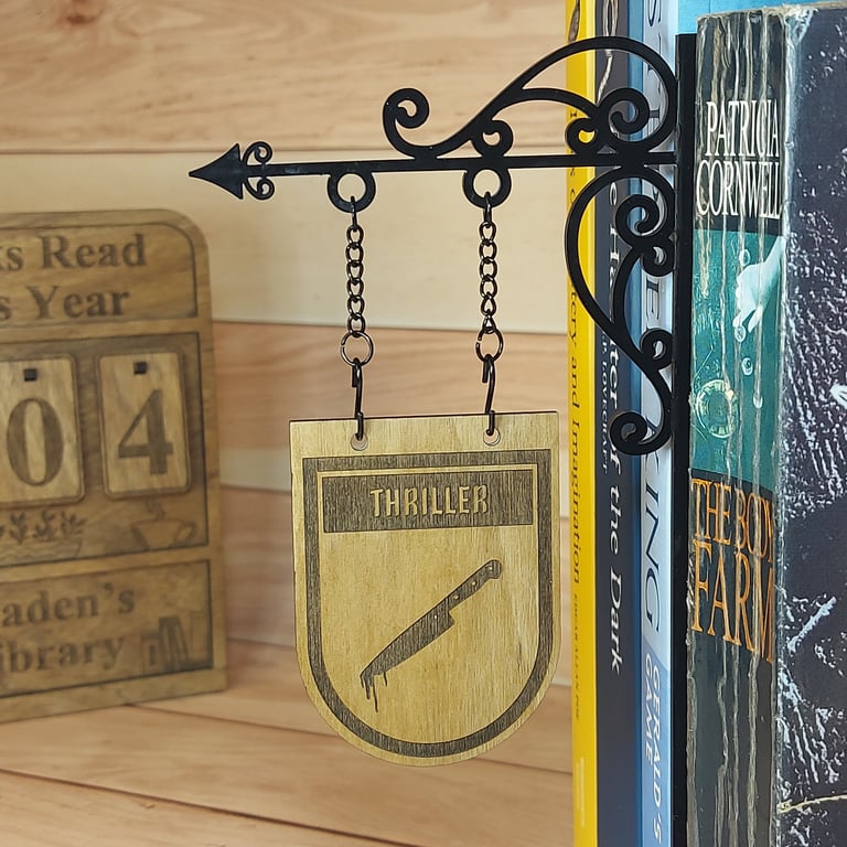 Thriller Divider Bookshelf Decor  Solid Walnut Library Sign