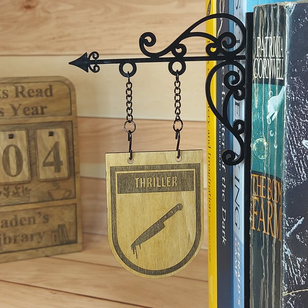 Thriller Divider Bookshelf Decor  Solid Walnut Library Sign