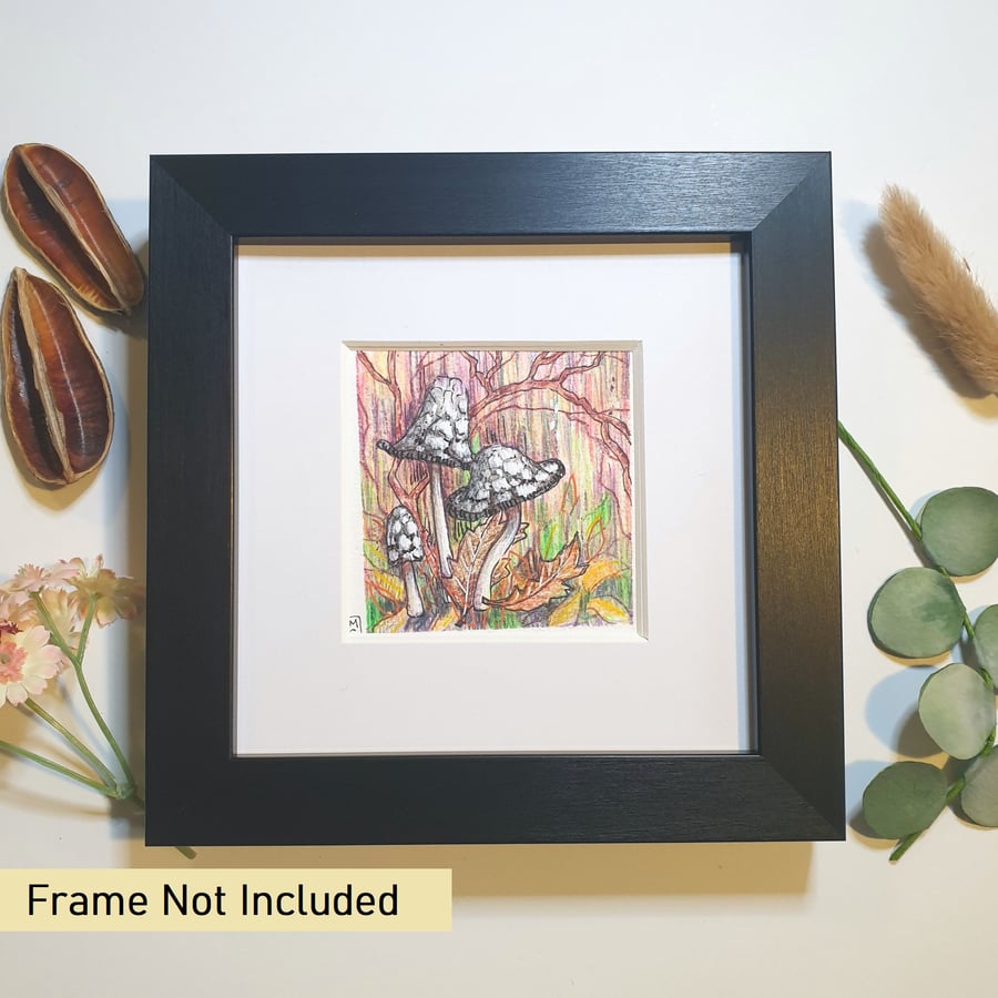 Magpie Inkcap Mushrooms, original art miniature, small artwork