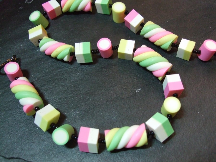 Dolly Mixture & Flumps Green, Pink, Lemon, White Kitsch Polymer Clay Necklace