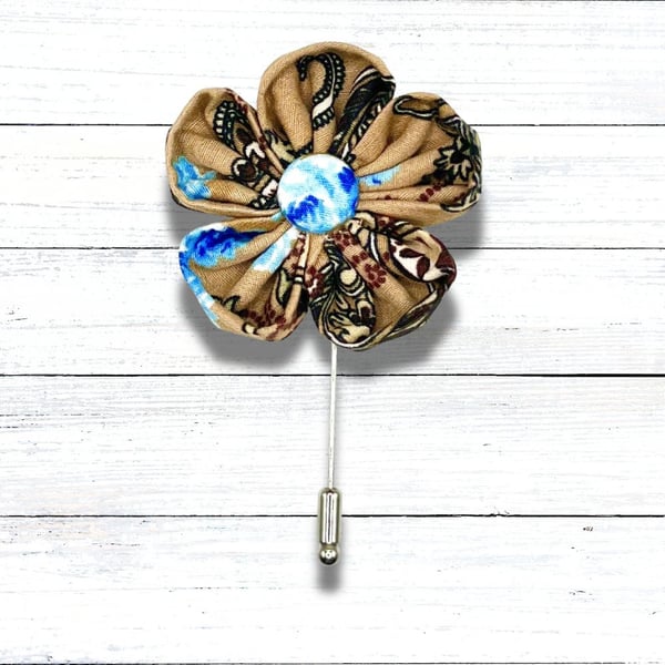 Kanzashi Fabric Flower Lapel Pin - Brown, Blue Paisley
