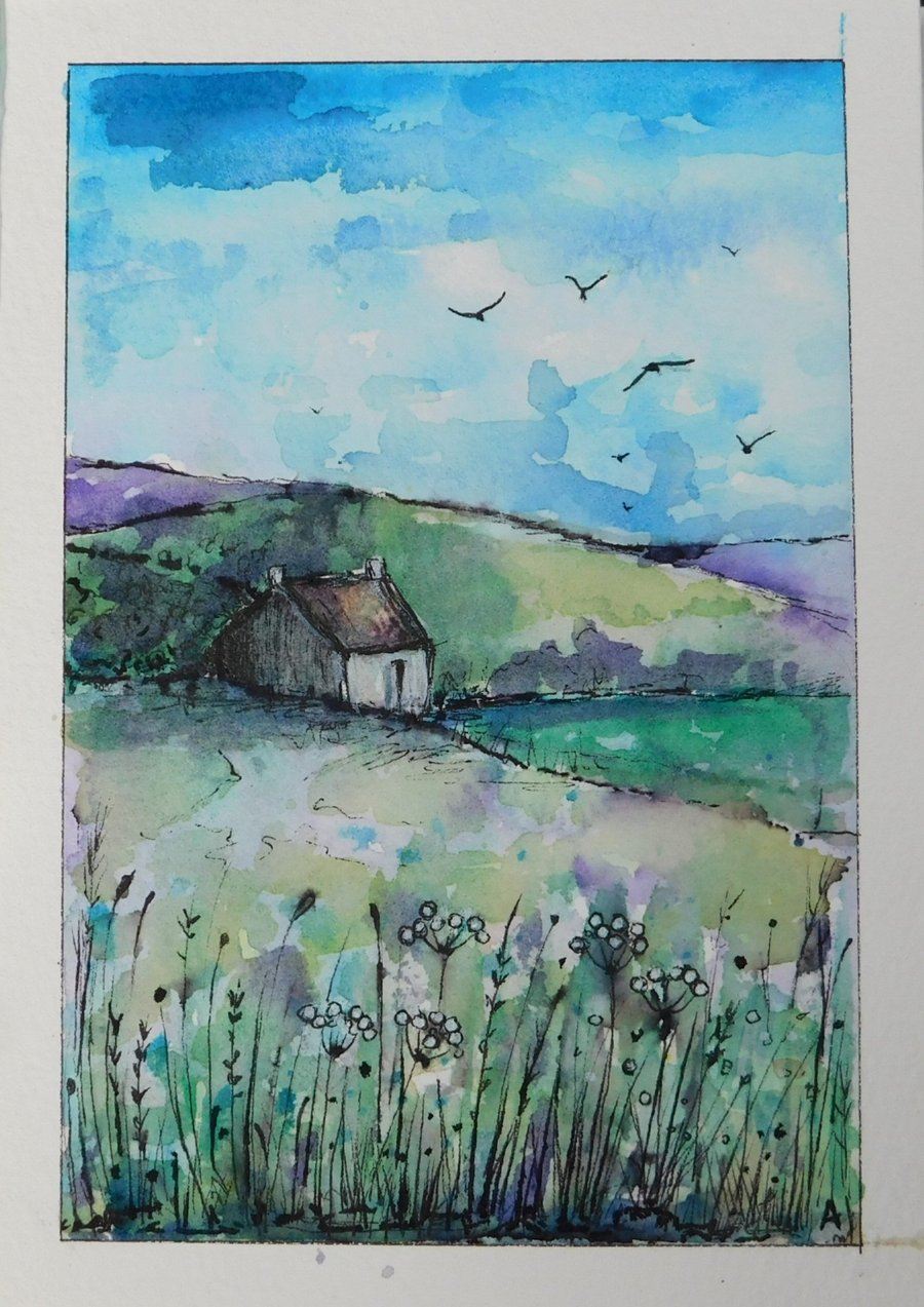 , BOTHY ON THE HILL, Original watercolour and fine liner 