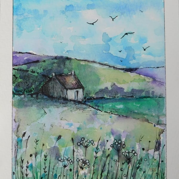 , BOTHY ON THE HILL, Original watercolour and fine liner 