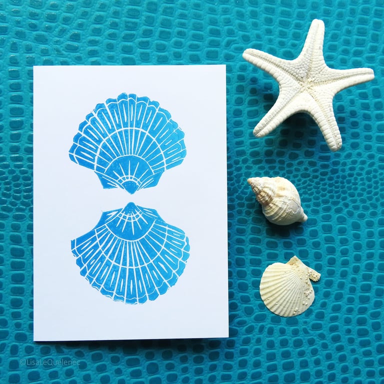Hand printed scallop sea shell in turquoise blue blank artist art card