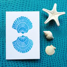 Hand printed scallop sea shell in turquoise blue blank artist art card