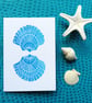 Hand printed scallop sea shell in turquoise blue blank artist art card