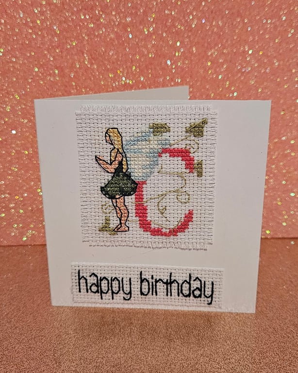Crossstitch fairy with letter C  happy birthday card