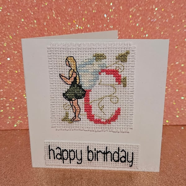 Crossstitch fairy with letter C  happy birthday card
