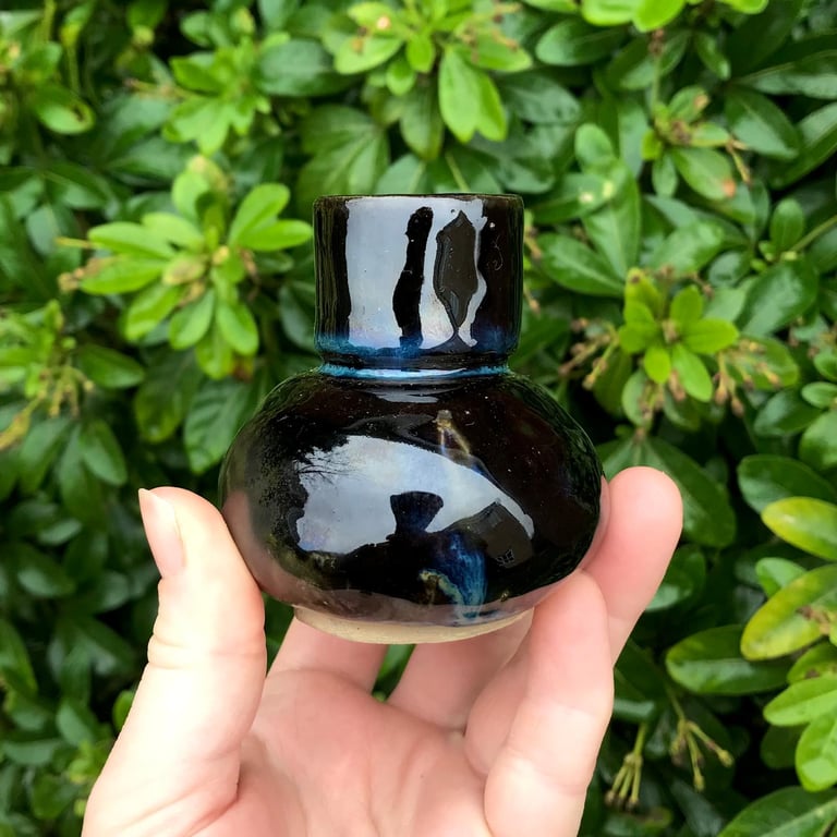 vintage style midnight blue hand built ceramic candle holder