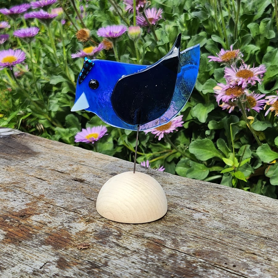 Fused Glass Fantasy Bird Standing on a Wooden Half Sphere